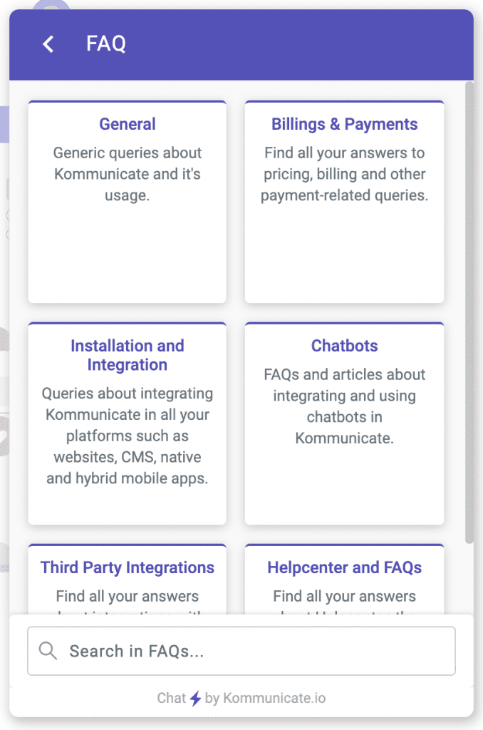 Screenshot of a mobile FAQ section categorized into topics like General, Billings & Payments, Installation and Integration, Chatbots, and Third Party Integrations.