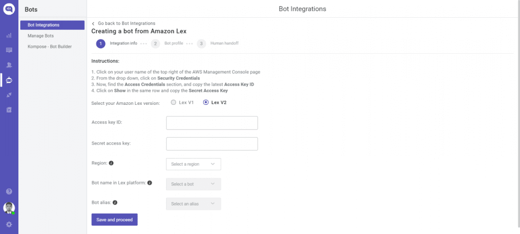 Screenshot of the Kommunicate interface for integrating with Amazon Lex, showing instructions and input fields for access keys, region, bot name, and alias.