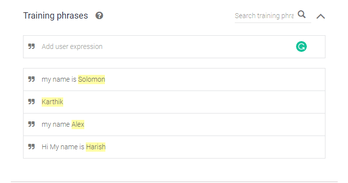 Train common phrases in dialogflow so that it can recognise names