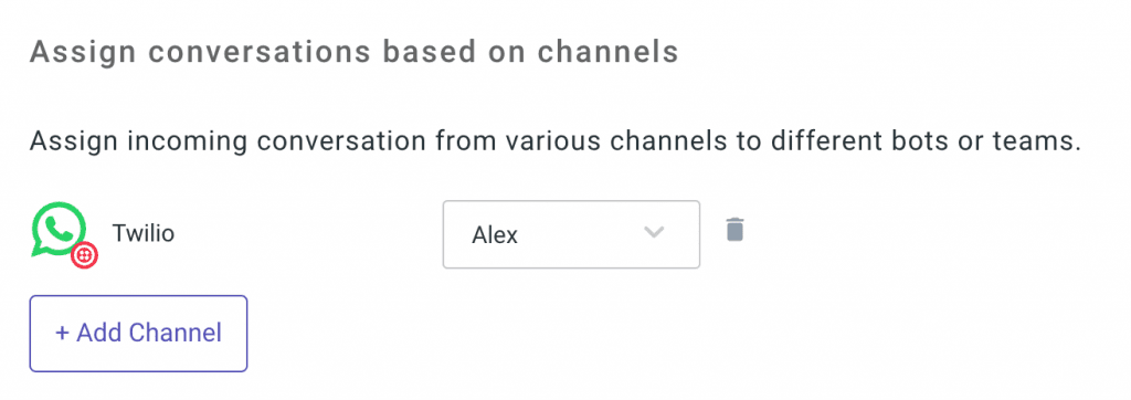 Interface for assigning conversations from different channels, showing Twilio assigned to "Alex" and an "+ Add Channel" button.