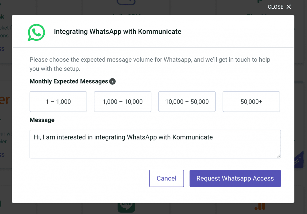 Screenshot of a form for requesting WhatsApp integration with Kommunicate, asking for expected message volume.
