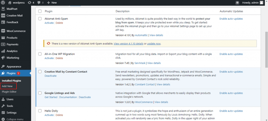 Wordpress dashboard