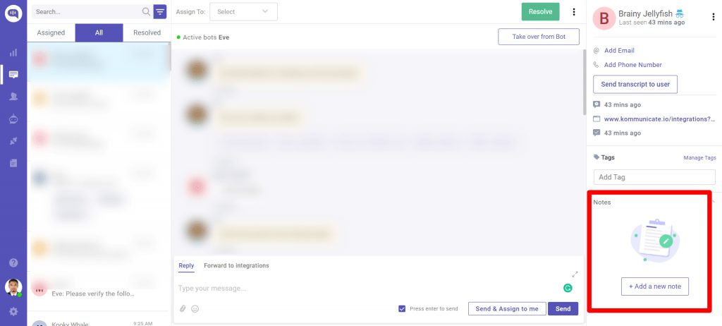 Screenshot of a chat interface showing a conversation, with the "Notes" section highlighted, including an icon of a notepad and pencil and a button to "Add a new note."