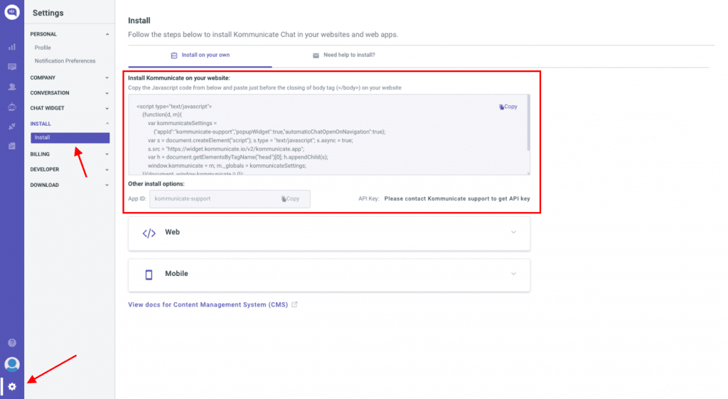 copy the snippet from install tab