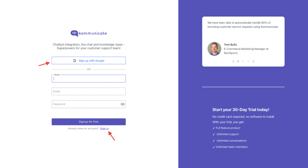 create kommunicate account for a free chatbot