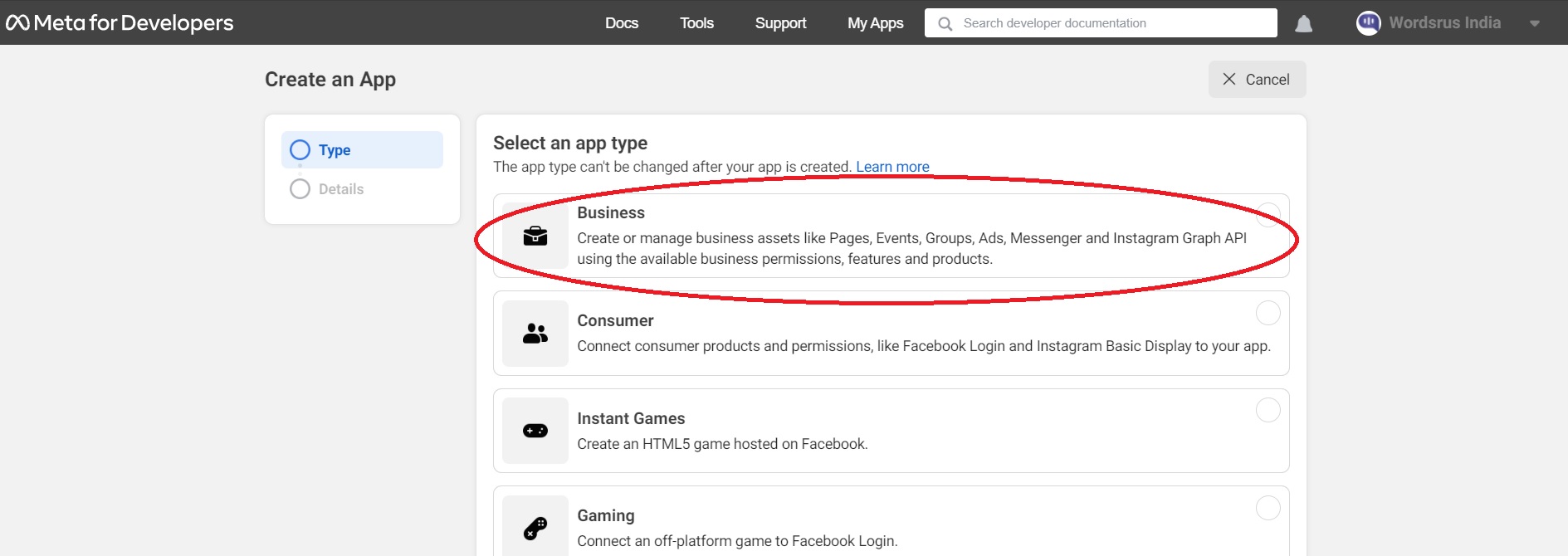 Meta for Developers app creation screen with highlighted "Business" app type option. Meta for Developers app creation screen with highlighted "Business" app type option.