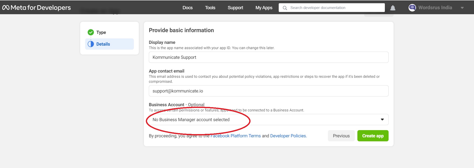 Meta for Developers app creation screen with fields for app name, contact email, and business account selection. Meta for Developers app creation screen with fields for app name, contact email, and business account selection.