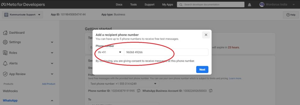 Send a test message to a WhatsApp-enabled number.