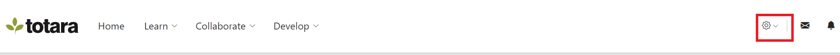 Totara header with navigation links (Home, Learn, Collaborate, Develop) and a user menu icon highlighted.