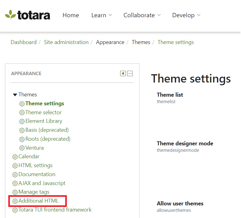 totara theme settings