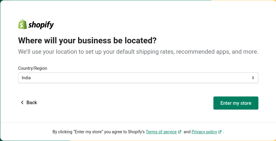 shopify "where will your business be located" window