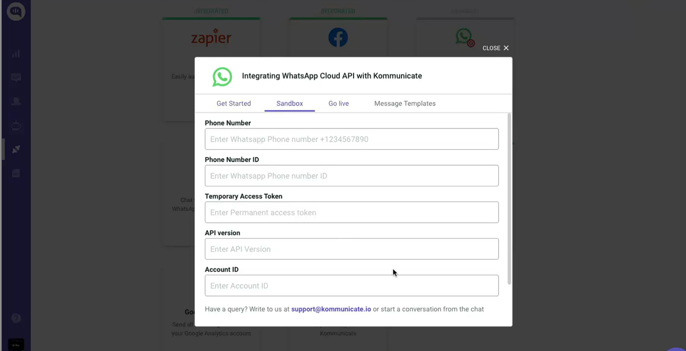 Screenshot of Kommunicate's WhatsApp Cloud API integration setup within the Sandbox environment, showing input fields for phone number, ID, token, API version, and account ID