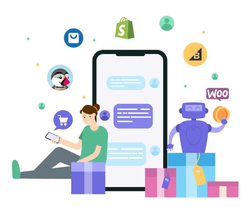 An illustration depicting a person using a mobile phone with a chat interface, a robot holding a coin, various icons including a shopping bag, a bird, and a "B" logo, and the word "Woo".