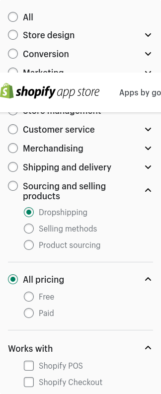 Shopify App Store filter menu showing categories like "Store design," "Conversion," "Marketing," "Customer service," "Merchandising," "Shipping and delivery," and "Sourcing and selling products," with "Dropshipping" selected under the latter and "All pricing" also selected.