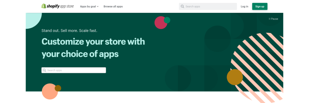 Shopify App Store homepage with the tagline "Stand out. Sell more. Scale fast." and the prompt "Customize your store with your choice of apps."