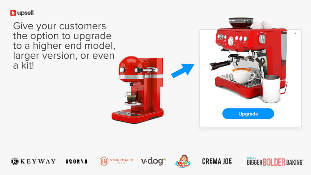 An image showing a red espresso machine with a pop-up suggesting an upgrade to a larger and more advanced model. The image includes a button labeled "Upgrade. An image showing a red espresso machine with a pop-up suggesting an upgrade to a larger and more advanced model. The image includes a button labeled "Upgrade.