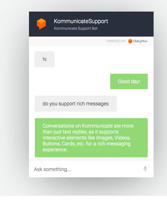 Screenshot of a Kommunicate support bot conversation about rich messaging features.