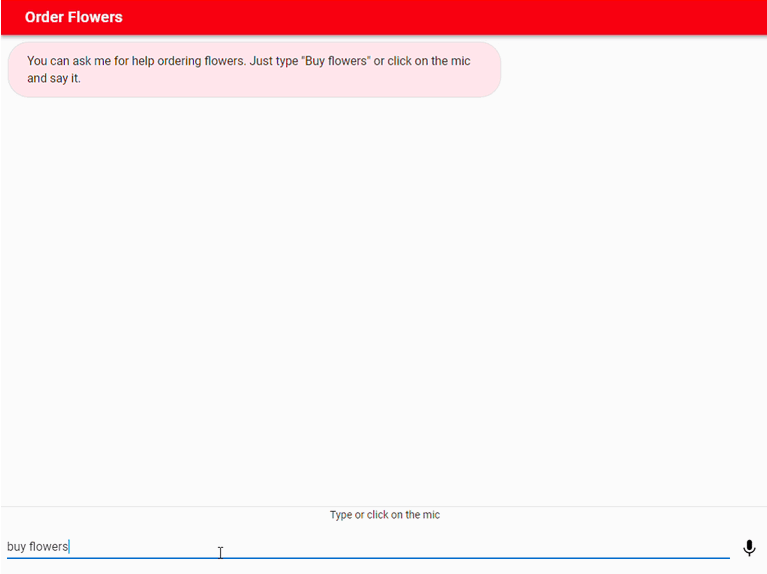 Screenshot of a chat interface for ordering flowers, with instructions to type 'Buy flowers