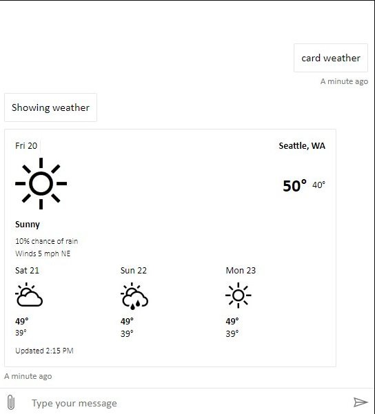 Screenshot of a weather card showing the forecast for Seattle, WA, including sunny skies for Friday and Monday.
