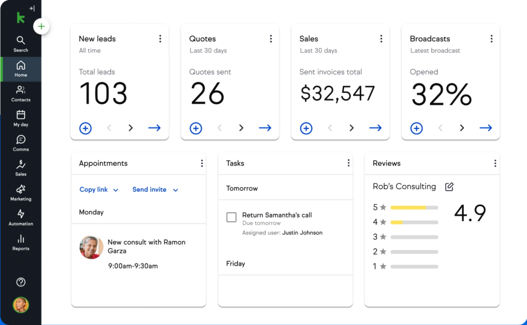 Its showing various metrics related to sales, leads, quotes, broadcasts, appointments, tasks, and reviews. The dashboard includes sections for new leads, quotes sent, sent invoices total, opened broadcasts, upcoming appointments, tasks, and reviews. The dashboard also displays a list of recent contacts and their rating. Its showing various metrics related to sales, leads, quotes, broadcasts, appointments, tasks, and reviews. The dashboard includes sections for new leads, quotes sent, sent invoices total, opened broadcasts, upcoming appointments, tasks, and reviews. The dashboard also displays a list of recent contacts and their rating.