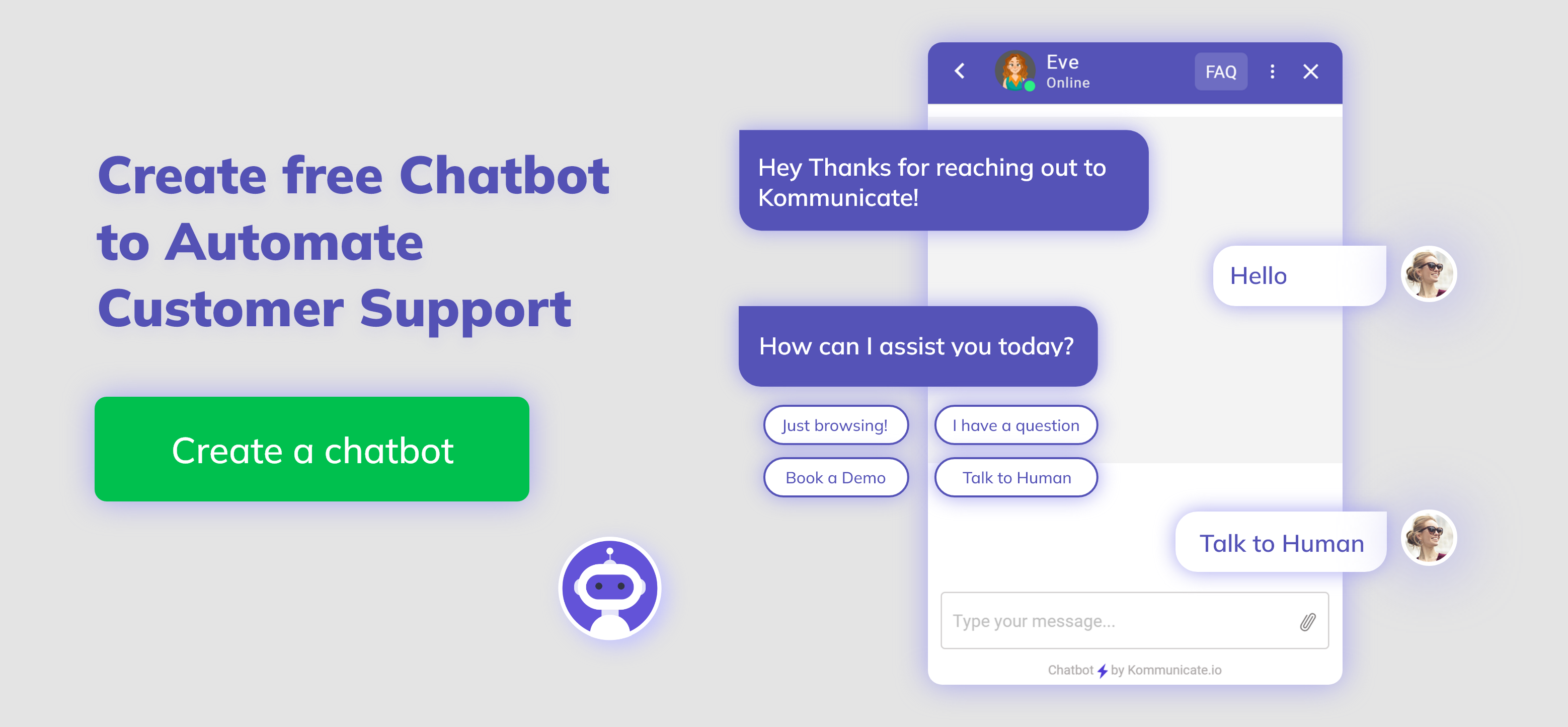Create a Chatbot A screenshot of a chatbot interface with options to create a chatbot, book a demo, or talk to a human.