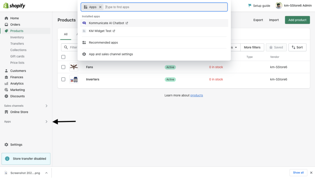 Screenshot of the Shopify admin interface, highlighting the 'Apps' section in the left-hand navigation and showing installed apps like 'Kommunicate AI Chatbot'.