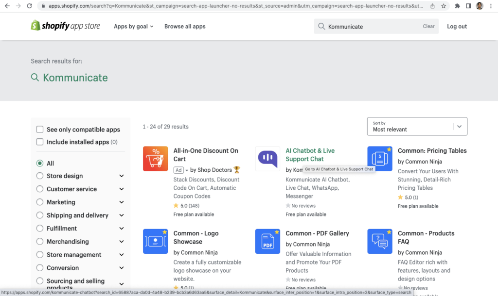 Screenshot of the Shopify App Store showing search results for 'Kommunicate', including the 'Kommunicate AI Chatbot, Live Chat, WhatsApp, Messenger' app.