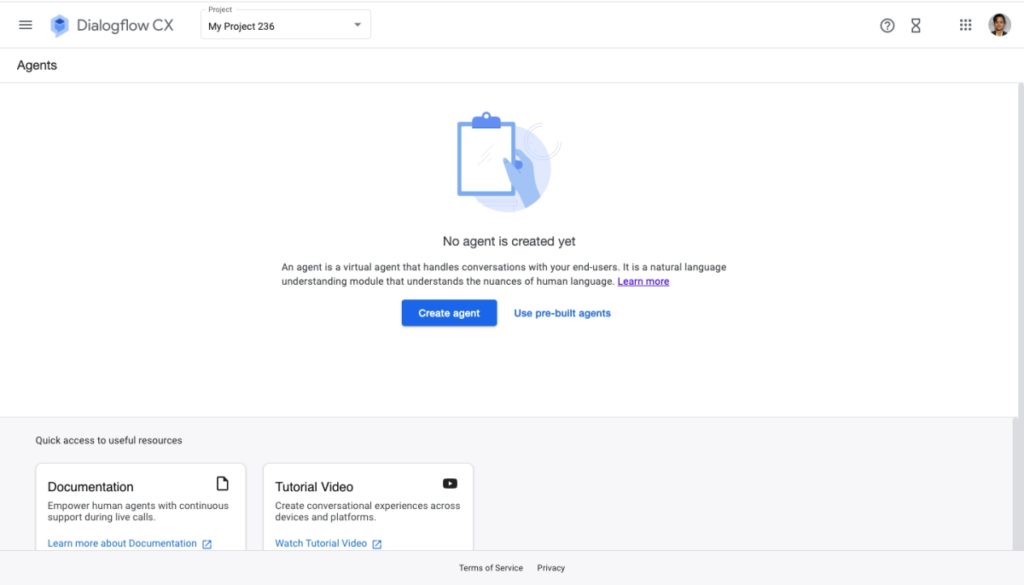 Screenshot of the Dialogflow CX 'Agents' page indicating that no agent has been created yet, with options to create a new agent or use pre-built agents.