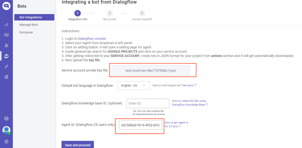integrating a bot from dialogflow window highlighting service account private key file