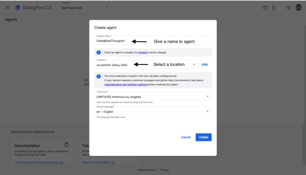 Screenshot of the Dialogflow CX 'Create agent' modal, showing fields for display name, location, time zone, and default language