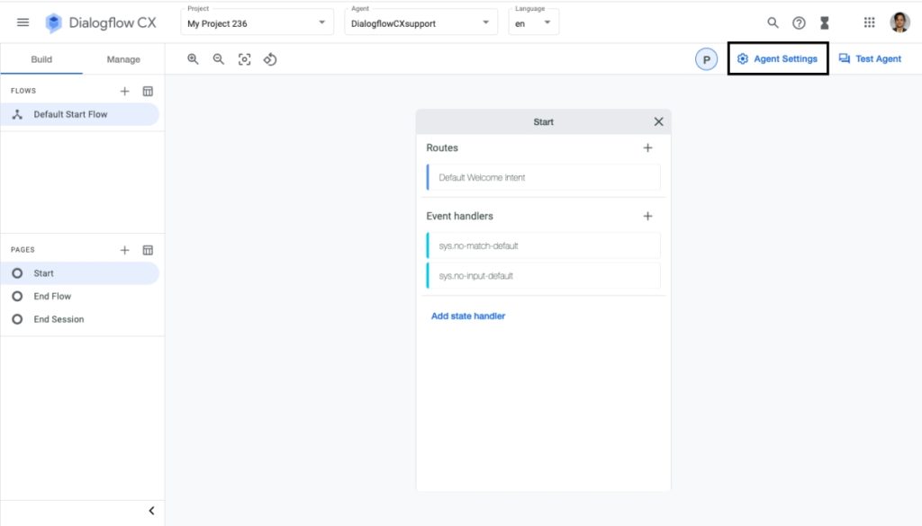 Screenshot of the Dialogflow CX interface with the 'Agent Settings' button highlighted.