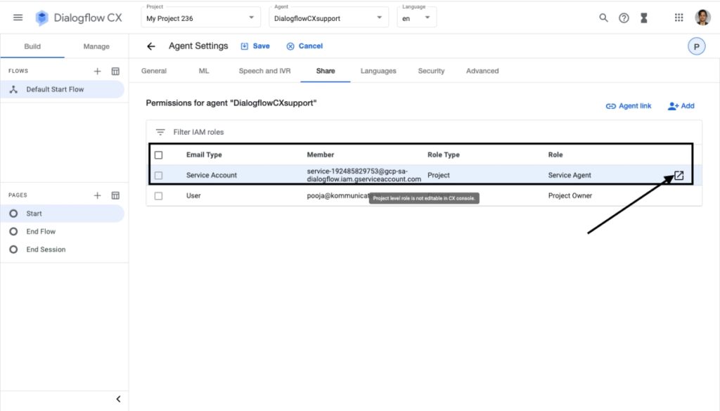 Screenshot of the Dialogflow CX 'Agent Settings' under the 'Share' tab, showing permissions for the agent 'DialogflowCXsupport'.