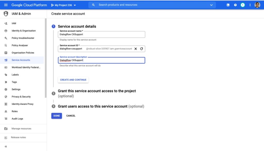 Screenshot of the Google Cloud Platform 'Create service account' page, showing fields for service account name, ID, and description.