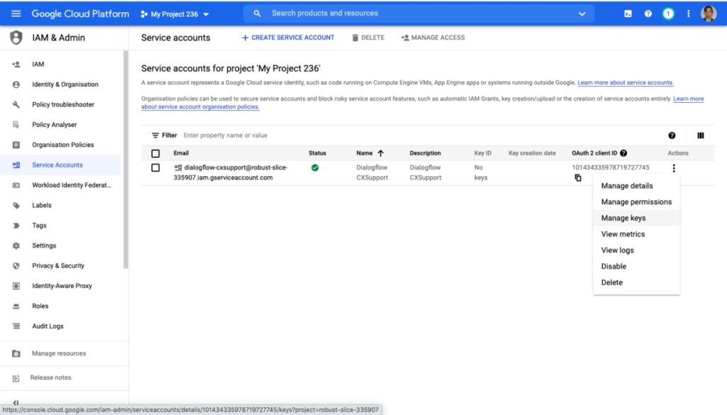 Screenshot of the Google Cloud Platform 'Service accounts' page showing a list of service accounts and a context menu with actions.
