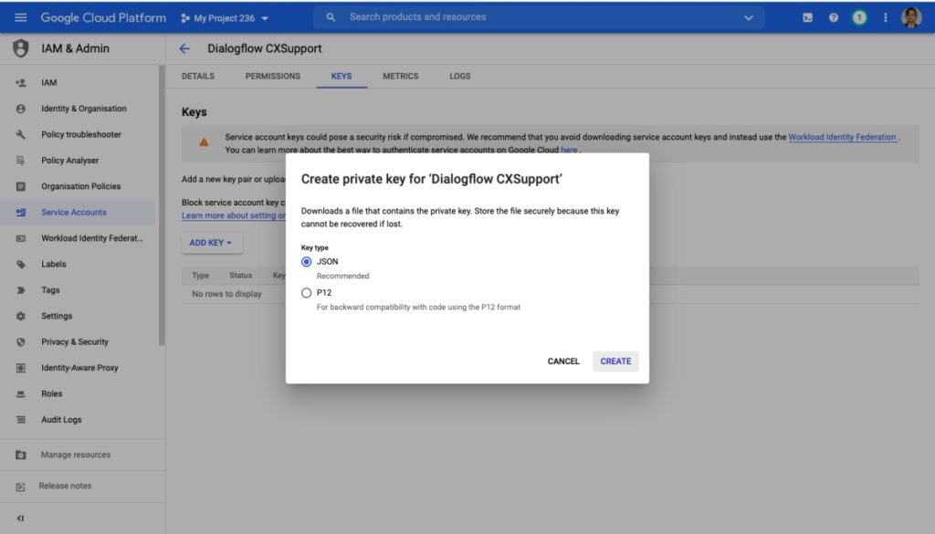 create private key for dialofflow cx support