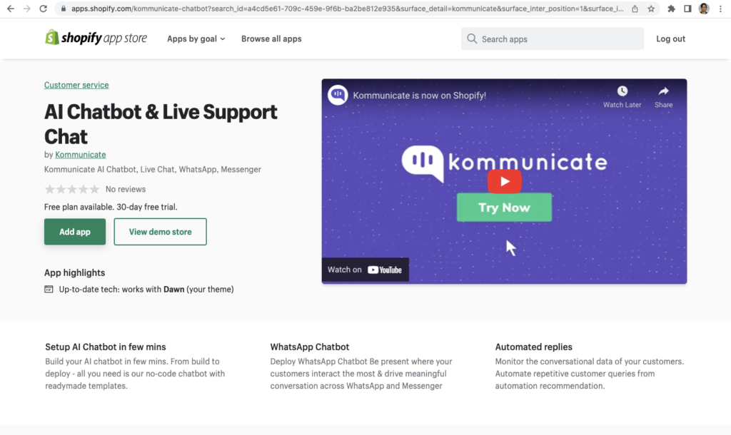 Screenshot of the Kommunicate AI Chatbot app page on the Shopify App Store, highlighting features like WhatsApp integration and automated replies.