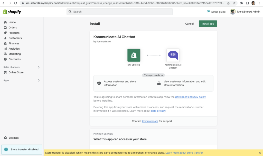 Screenshot of the Shopify app installation screen for the Kommunicate AI Chatbot, showing required permissions and privacy details.