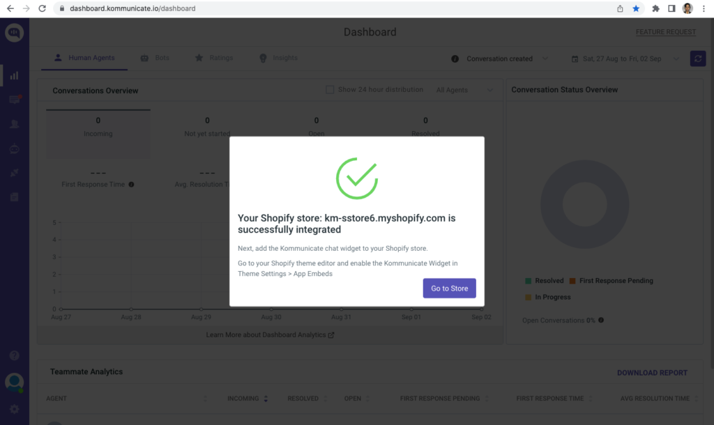 Screenshot of the Kommunicate dashboard displaying a modal confirming successful integration with a Shopify store (km-sstore6.myshopify.com).