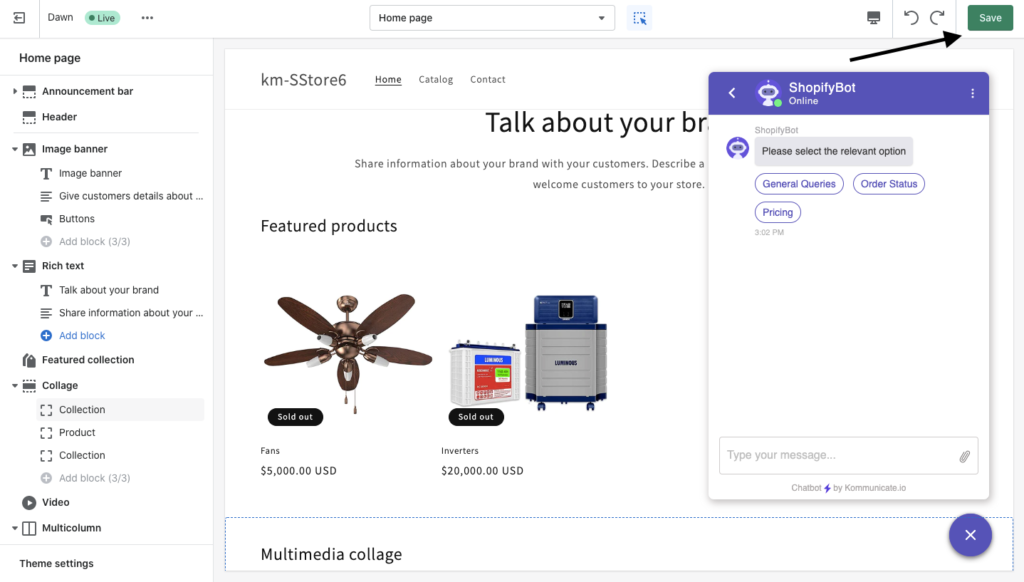 Screenshot of the Shopify theme editor with the Kommunicate chat widget open, showing a conversation with the ShopifyBot.