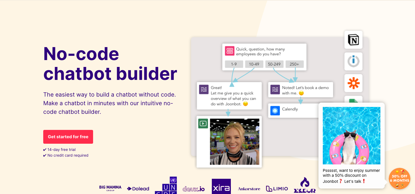 Joonbot website homepage Screenshot of the Joonbot website homepage, promoting a no-code chatbot builder.
