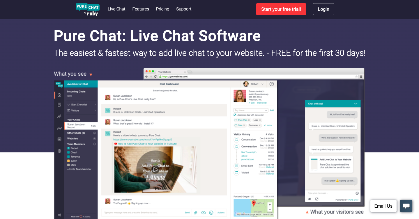 Pure Chat website homepage Screenshot of the Pure Chat website homepage, promoting live chat software for websites.