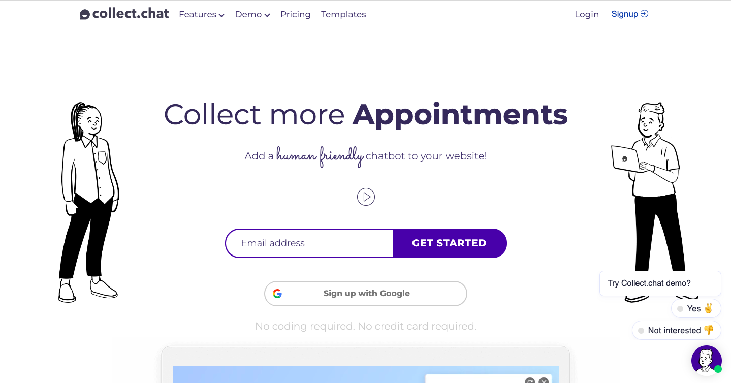Collect.chat website homepage Screenshot of the Collect.chat website homepage, promoting a chatbot platform for collecting appointments.