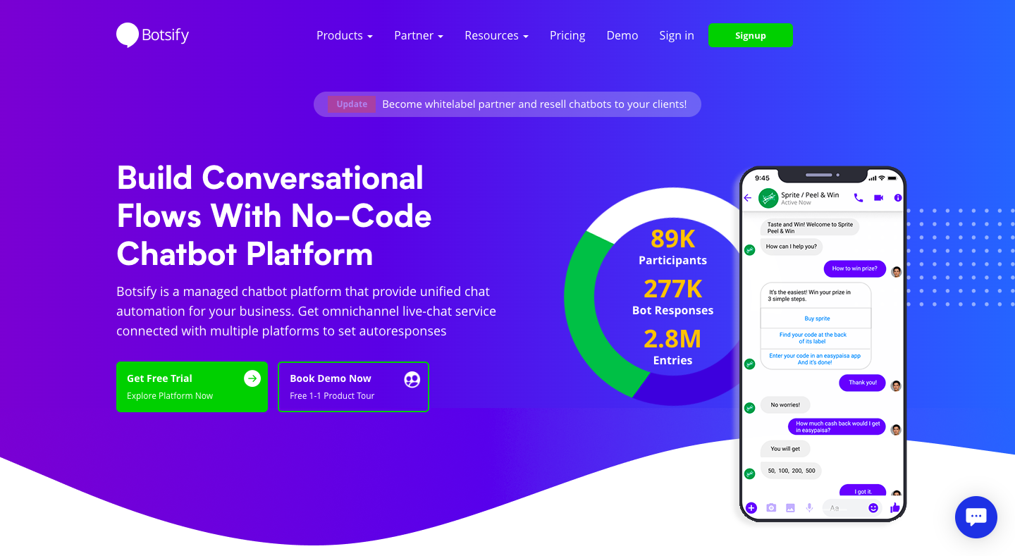 Botsify website homepage Screenshot of the Botsify website homepage, promoting a no-code chatbot platform.