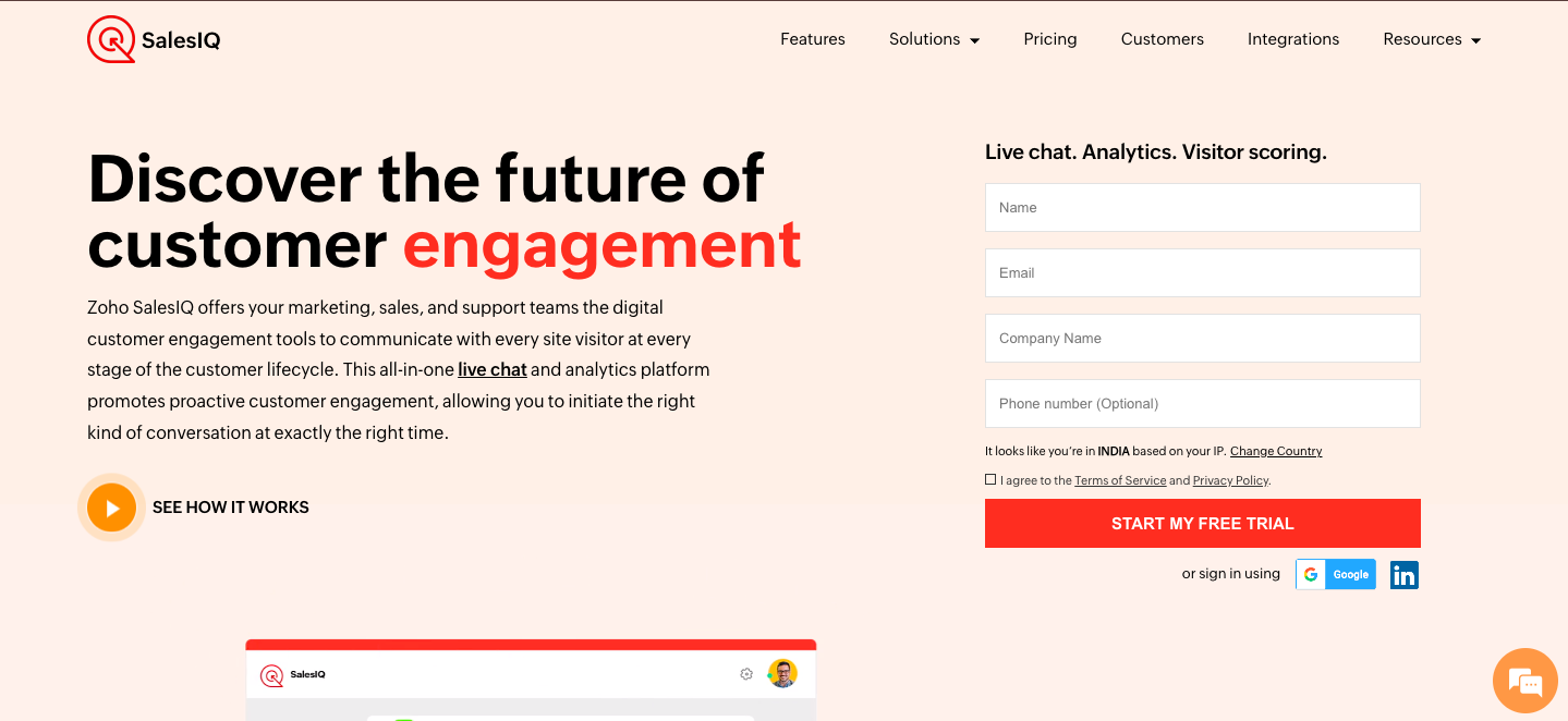 Zoho SalesIQ website homepage Screenshot of the Zoho SalesIQ website homepage, promoting a live chat and analytics platform for customer engagement.