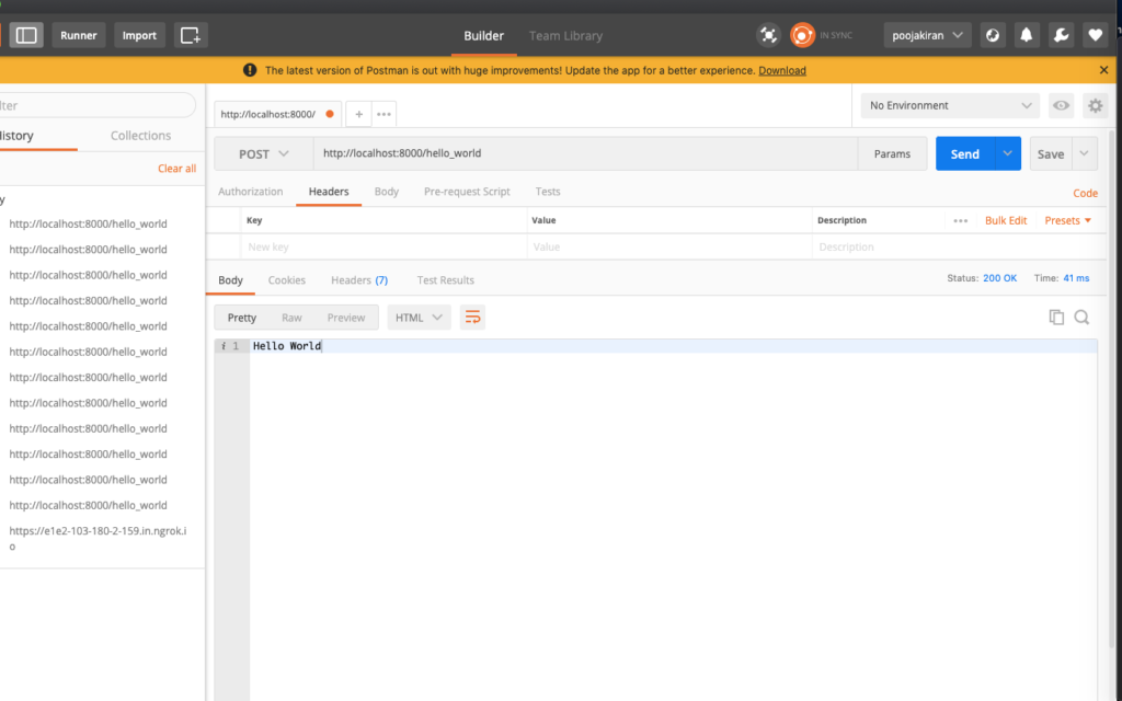 Postman interface displaying a successful HTTP POST request with the response 'Hello World' from a localhost server. Postman interface displaying a successful HTTP POST request with the response 'Hello World' from a localhost server.