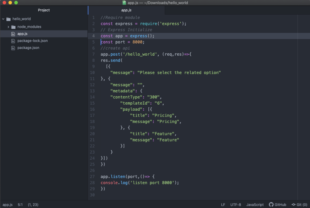 Visual Studio Code editor displaying a Node.js project with files named app.js, hello_world, node_modules, package-lock.json, and package.json. The app.js file contains code for a simple Express.js server with a POST endpoint that sends a JSON response. Visual Studio Code editor displaying a Node.js project with files named app.js, hello_world, node_modules, package-lock.json, and package.json. The app.js file contains code for a simple Express.js server with a POST endpoint that sends a JSON response.