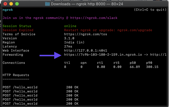 ngrok terminal window showing session status, expiration, terms of service, version, region, latency, web interface, forwarding, connections, and HTTP requests. ngrok terminal window showing session status, expiration, terms of service, version, region, latency, web interface, forwarding, connections, and HTTP requests.