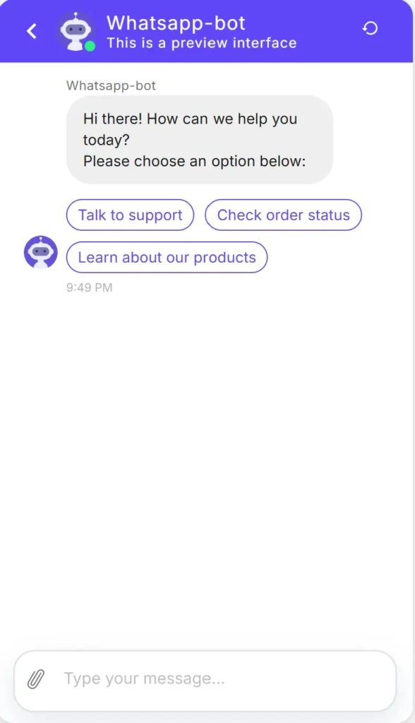 Kommunicate's WhatsApp bot preview interface showing the bot responding with "Hi there! How can we help you today? Please choose an option below:" followed by three quick reply buttons: Talk to support, Check order status, and Learn about our products.