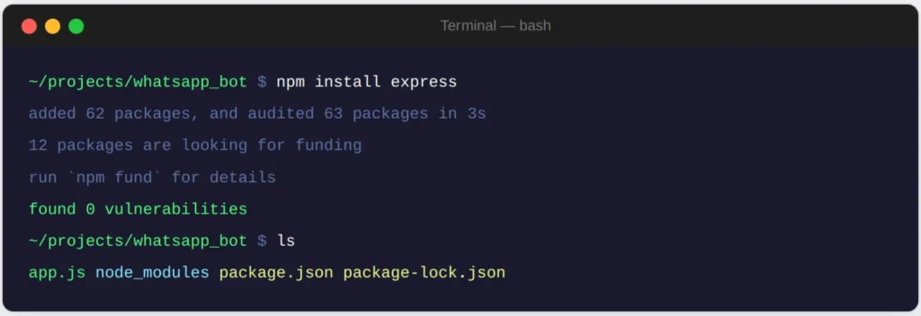 Terminal output after running npm install express in the whatsapp_bot directory. The output confirms 62 packages were added, 0 vulnerabilities found, and the ls command shows app.js, node_modules, package.json and package-lock.json were created.