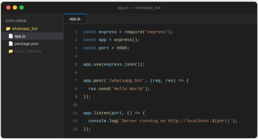 VS Code editor showing app.js for a WhatsApp chatbot in Node.js. The code initialises an Express server on port 8000, creates a POST endpoint at /whatsapp_bot that returns "Hello World", and starts the server with app.listen.